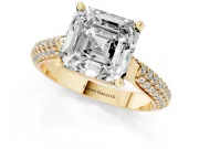 Asscher Cut Diamond Solitaire Engagement Ring Set in Yellow gold with Multi-Row Round Pavé Band and Prong Setting