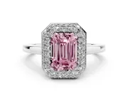 Fancy Pink Emerald Cut Diamond Halo Engagement Ring Set in Silver with Solitaire Band and Prong Setting