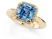 Fancy Blue Asscher Cut Diamond Halo Engagement Ring Set in Yellow gold with Plain Split Shank and Prong Setting