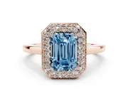Emerald Cut Pave Halo Engagement Ring Setting for a Fancy Blue Lab-Grown Diamond | Slim Plain Band | Rose Gold