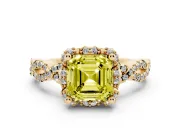 Fancy Yellow Asscher Cut Diamond Halo Twist Band Solitaire Ring Set in Yellow gold with Prong-Set Center Stone