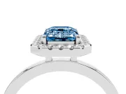 Fancy Blue Emerald Cut Diamond Halo Solitaire Ring Set in Platinum with Pavé Band and Prong Setting