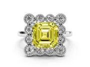 Asscher Cut Milgrain Cluster Halo Engagement Ring Setting for a Fancy Yellow Lab-Grown Diamond | Plain Band | Platinum