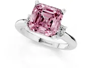 Fancy Pink Three-Stone Asscher Cut Diamond Ring Set in Silver with Prong Setting and Plain Band