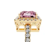 Fancy Pink Princess Cut Diamond Pavé Band Halo Engagement Ring Set in Yellow gold with Prong Setting