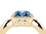 Fancy Blue Asscher Cut Diamond Halo Engagement Ring Set in Yellow gold with Plain Split Shank and Prong Setting