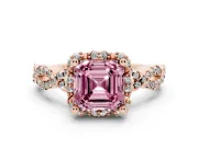 Fancy Pink Asscher Cut Diamond Halo Twist Band Solitaire Ring Set in Rose gold with Prong-Set Center Stone
