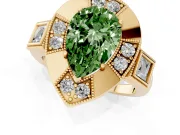 Fancy Green Pear Cut Diamond Milgrain Halo Ring Set in Yellow gold with Split Shank