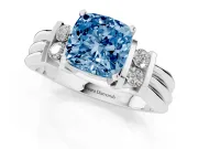 Fancy Blue Three-Stone Cushion Cut Diamond Channel Set Ring Set in Silver with Bar Prongs