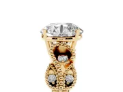 Round Cut Diamond Milgrain Leaf Band Solitaire Ring Set in Yellow gold with Accent Stones and Prong Setting