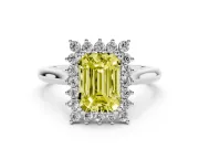 Fancy Yellow Emerald Cut Diamond Halo Ring Set in Silver with Plain Solitaire Band and Prong Setting