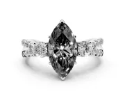 Fancy Black Marquise Cut Diamond Three-Stone Ring Set in White gold with Pavé Split Shank and Prong Setting