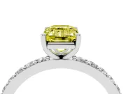Fancy Yellow Emerald Cut Diamond Solitaire Set in White gold with Round Pavé Band and Prong Setting