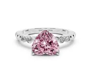 Fancy Pink Heart Cut Diamond Solitaire Engagement Ring Set in White gold with Bezel Accents on Beaded Band