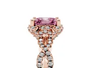 Fancy Pink Asscher Cut Diamond Halo Twist Band Solitaire Ring Set in Rose gold with Prong-Set Center Stone