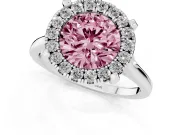 Round Halo Engagement Ring Setting for a Fancy Pink Lab-Grown Diamond | Claw Corners | White Gold