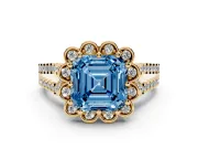 Asscher Cut Floral Halo Engagement Ring Setting for a Fancy Blue Lab-Grown Diamond | Pavé Split Shank | Yellow Gold