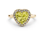 Fancy Yellow Heart Cut Halo Round Diamond Solitaire Ring Set in Yellow gold with Pavé Band and Prong Setting