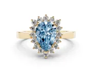 Fancy Blue Pear Cut Diamond Halo Ring Set in Yellow gold with Round Halo and Smooth Solitaire Band