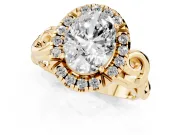 Oval Cut Diamond Halo Ring Set in Yellow gold with Scrollwork Band and Prong Setting