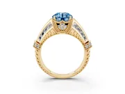 Fancy Blue Round Cut Diamond Vintage-Inspired Milgrain Ring Set in Yellow gold with Accent Split Shank
