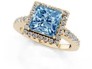 Fancy Blue Princess Cut Diamond Halo Pavé Solitaire Ring Set in Yellow gold with Prong-Set Center Stone