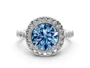 Round Milgrain Halo Engagement Ring Setting for a Fancy Blue Lab-Grown Diamond | Pavé Shoulders | Sterling Silver