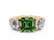 Asscher Cut Three Stone Engagement Ring Setting for a Fancy Green Lab-Grown Diamond | Accented Shoulders | Yellow Gold