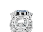 Cushion Cut Three Stone Halo Engagement Ring Setting for a Fancy Blue Lab-Grown Diamond | White Gold