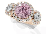 Round Three Stone Halo Engagement Ring Setting for a Fancy Pink Lab-Grown Diamond | Rose Gold