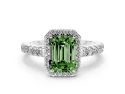 Fancy Green Emerald Cut Diamond Halo Engagement Ring Set in White gold with Pavé Band and Prong Setting