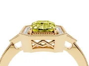 Fancy Yellow Emerald Cut Diamond Halo Engagement Ring Set in Yellow gold with Milgrain Pavé Band