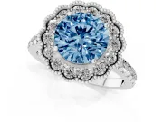 Fancy Blue Round Cut Diamond Milgrain Floral Halo Engagement Ring Set in Silver with Pavé Band