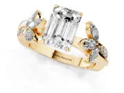 Emerald Cut Diamond Floral Vine Solitaire Engagement Ring Set in Yellow gold with Marquise Leaves