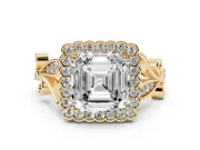 Asscher Cut Vintage Leaf Halo Engagement Ring Setting | Graduated Vine Shank | Yellow Gold