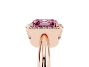 Fancy Pink Asscher Cut Diamond Halo Engagement Ring Set in Rose gold with Plain Split Shank and Prong Setting