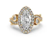 Marquise Cut Diamond Halo Ring Set in Yellow gold with Milgrain Pavé Band and Prong Setting