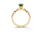 Fancy Green Emerald Cut Diamond Solitaire Ring Set in Yellow gold with Ribbon Twist Band, Round Accents and Prong Setting