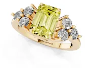 Fancy Yellow Emerald Cut Diamond Solitaire Ring Set in Yellow gold with Cluster Accents on Each Side