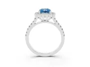 Fancy Blue Radiant Cut Diamond Milgrain Floral Halo Engagement Ring Set in White gold with Pavé Band