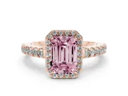 Fancy Pink Emerald Cut Diamond Halo Engagement Ring Set in Rose gold with Pavé Band and Prong Setting