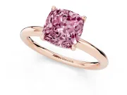 Fancy Pink Cushion Cut Diamond Solitaire Ring Set in Rose gold with Thin Band and Prong Setting