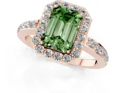 Fancy Green Emerald Cut Diamond Halo Ring Set in Rose gold with Pavé-Setting Band and Open Prong Center