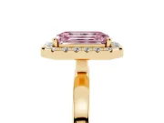 Fancy Pink Emerald Cut Diamond Halo Solitaire Ring Set in Yellow gold with Pavé Band and Prong Setting