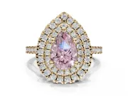 Fancy Pink Pear-Shaped Lab-Grown Diamond Double Halo Statement Ring Set in Yellow Gold with Pavé Band