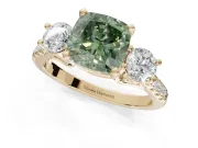 Cushion Cut Three-Stone Engagement Ring Setting for a Fancy Green Lab-Grown Diamond | Yellow Gold