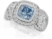 Cushion Cut Three Stone Halo Engagement Ring Setting for a Fancy Blue Lab-Grown Diamond | White Gold