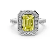 Emerald Cut Milgrain Halo Engagement Ring Setting for a Fancy Yellow Lab-Grown Diamond | Pavé Shoulders | White Gold