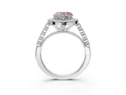 Fancy Pink Heart-Shaped Lab-Grown Diamond Milgrain Halo Solitaire Ring Set in Platinum with Bezel Set Side Stones and Pavé Band