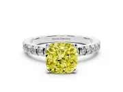 Fancy Yellow Cushion Cut Diamond Pavé Band Solitaire Set in Platinum with Prong Setting